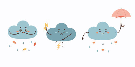 Weather cartoon character rainy cloud, lightning, vector illustration on white isolated backgroundのイラスト素材