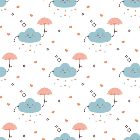 Seamless pattern cute cloud with umbrella, hearts sunshine, character, vector illustrationのイラスト素材