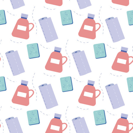 Seamless pattern cleaning products, cleaning, cleaning, bucket, rag, spray, detergent, vectorのイラスト素材