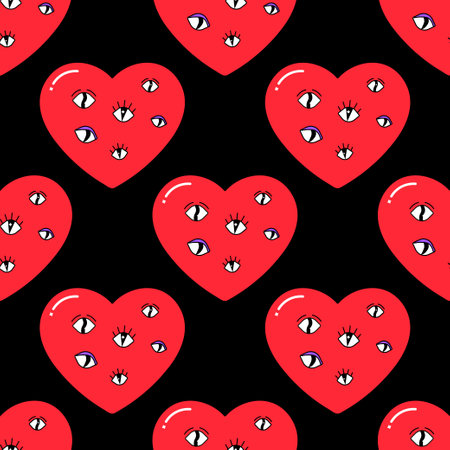 Seamless pattern, characters, weird hearts, love and valentine's day, vector illustrationのイラスト素材
