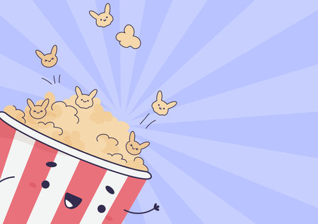Film, movies cute background, groovy style, popcorn, movie, for caption, poster, vector illustration cute popcorn waving, background, posterのイラスト素材