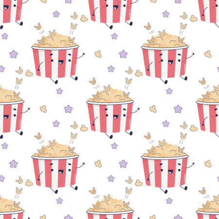 Seamless pattern popcorn, movie food, pizza, cute kawaiiのイラスト素材