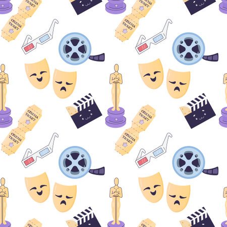 Tagged seamless movie clap pattern, oscars, movie ribbon, movie screening, cute kawaiiのイラスト素材