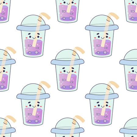 Seamless drink pattern, cola, cute cocktail, kawaii, bubble tea,のイラスト素材