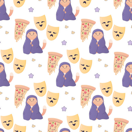 Seamless pattern cozy movie watching, with pizza, popcorn, home viewingのイラスト素材