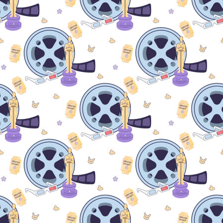 Tagged seamless movie clap pattern, movie ribbon, movie screening, cute kawaiiのイラスト素材