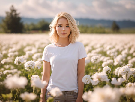 Beautiful blonde in a field in a white t-shirt, mockup, among flowersの素材
