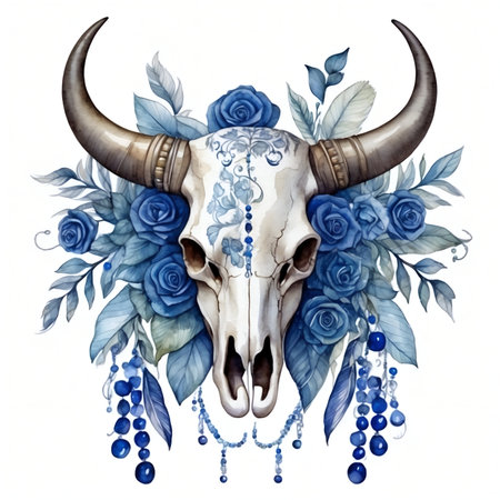 watercolor skull of a cow, bull decorated with flowers and feathersの素材