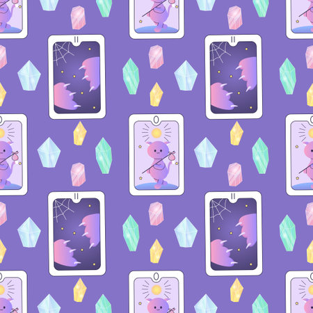 seamless patterns magical tarot cards satan, crystals, mushrooms, occultism and mysticism, candlesのイラスト素材