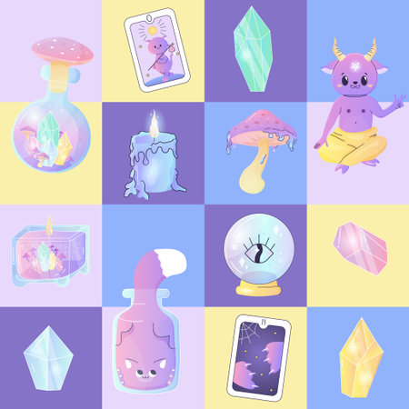 seamless patterns magical tarot cards satan, crystals, mushrooms, occultism and mysticism, candlesのイラスト素材