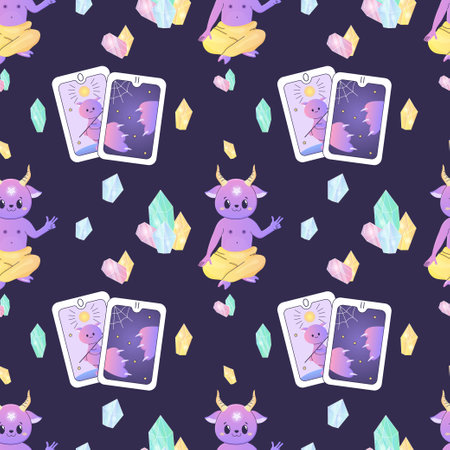 seamless patterns magical tarot cards satan, crystals, mushrooms, occultism and mysticism, candlesのイラスト素材