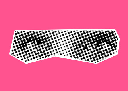 Punk y2k black and white collage elements. Female eye and gaze on colored background. Clippings from retro magazines in halftone processingのイラスト素材