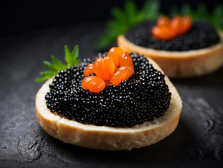 black caviar red caviar and trout, canapÃ©s, gourmet dish, delicacyの素材