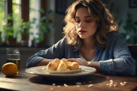 girl sitting in front of a plate of food with her eyes closed, dieting, anorexia, starvation split dietingの素材