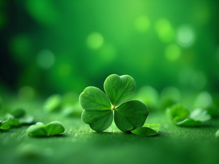 green background happy clover for st. patrick's day, blurred background with sparklesの素材