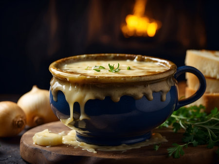 dish appetizing onion soup with cheese, French dish, European cuisineの素材