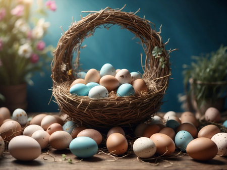 Multicolored Easter eggs in a basket, in a nest, purple blue and beige, background for congratulationsの素材