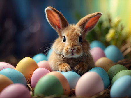 Easter bunny sitting on multi-colored Easter eggs, on the background of nature, for congratulationsの素材