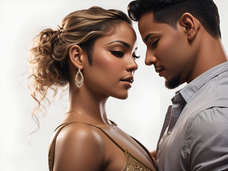 Man and woman Young couple dancing a social dance kizomba or bachata or semba or taraxia in the background of a dance class.の素材