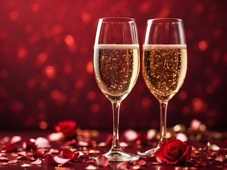 champagne february 14, rings, flowers, lovers day, on red sparkling background, wedding wowの素材