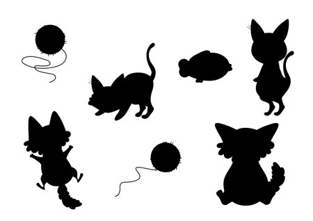 set of cats silhouettes of cartoon cats in different poses, kawaii, vector illustration on white backgroundのイラスト素材