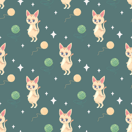 Seamless pattern of balls of thread and cat, vector illustration for fabric, print, clothing and notebooks, notebooksのイラスト素材