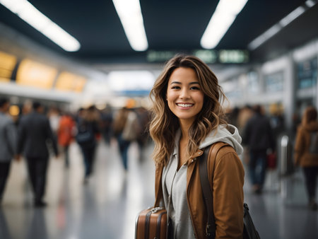 young woman, tourist at the train station going on a trip, tourism, vacationの素材