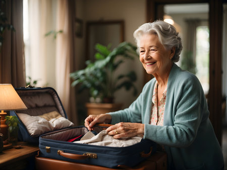 an old grown woman packing for a trip, a journey, a vacationの素材