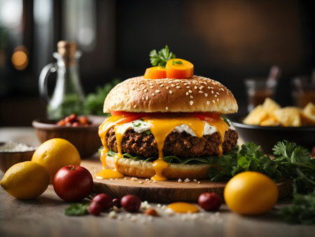 appetizing burger on a plate on blurred background, menu photo, restaurant veganの素材
