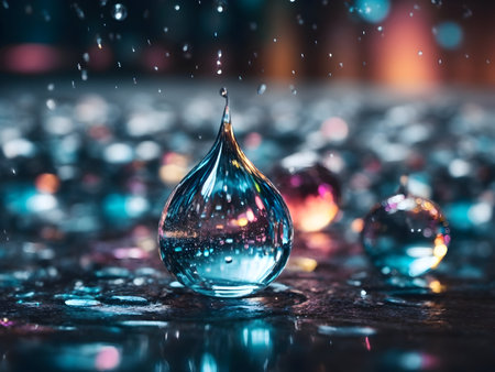 Background holographic water droplets, rain, neon light reflexesの素材
