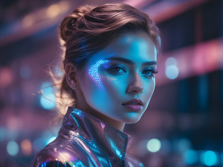 a girl from the future, in a holographic costume on a blurry background glitter.の素材