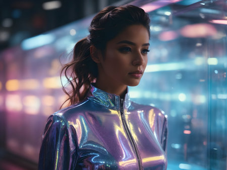 a girl from the future, in a holographic costume on a blurry background glitter.の素材