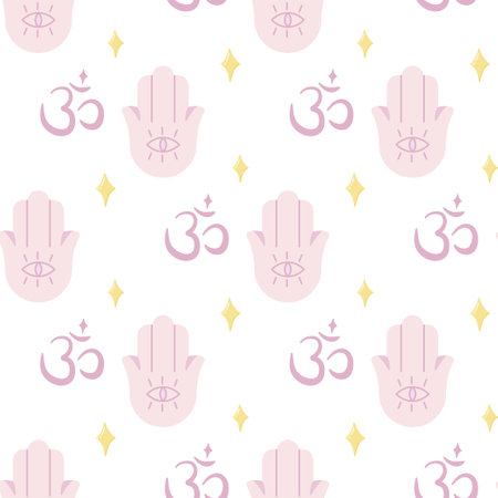 Seamless pattern of yoga, hamsa and Om symbol. For your fabric or designのイラスト素材