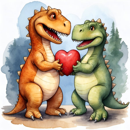 Cute dinosaur with a heart, watercolor png illustration with transparent background for valentines day card or printの素材