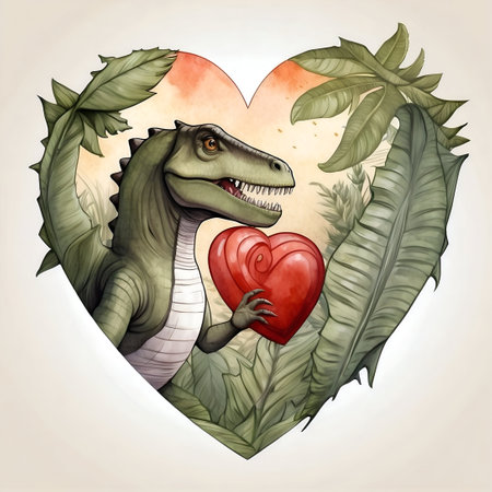Cute dinosaur with a heart, watercolor png illustration with transparent background for valentines day card or printの素材