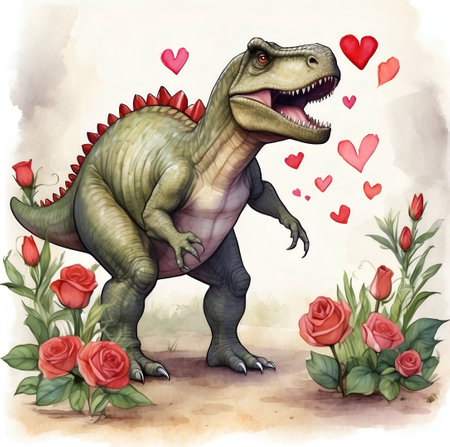 Cute dinosaur with a heart, watercolor png illustration with transparent background for valentines day card or printの素材