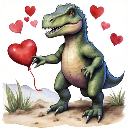 Cute dinosaur with a heart, watercolor png illustration with transparent background for valentines day card or printの素材