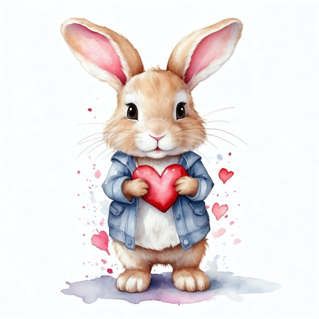 Cute bunny rabbit heart hare, watercolor illustration for valentines day card or printの素材
