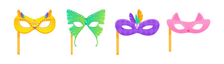 Set of carnival masks on a stick of owl, cat, feathers and butterfly, for masquerade, purim and mardi gras. On a white insulated background vectorのイラスト素材