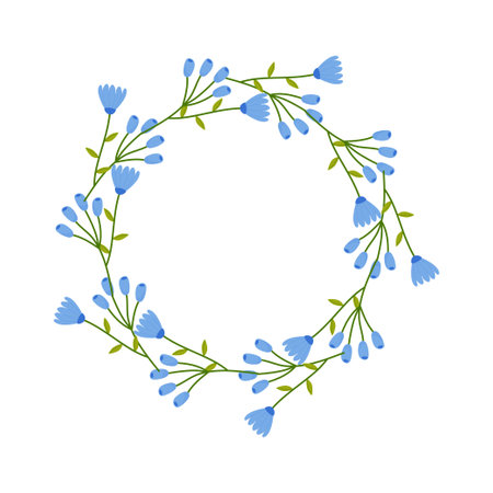 Floral round frame, ornament, spring blue cornflower. On white background. For your postcard design, invitations, congratulationsのイラスト素材