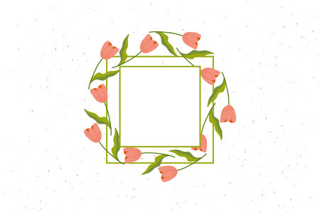 Square frame of tulip flowers with space for your text. dotted background. Mockup for postcard, congratulations, mother's day, spring, march 8のイラスト素材