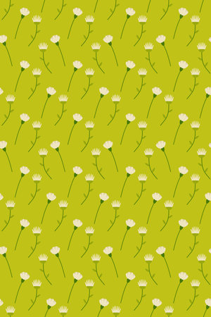 Vertical seamless pattern, background green with white flowers. for your card, design, fabric vectorのイラスト素材