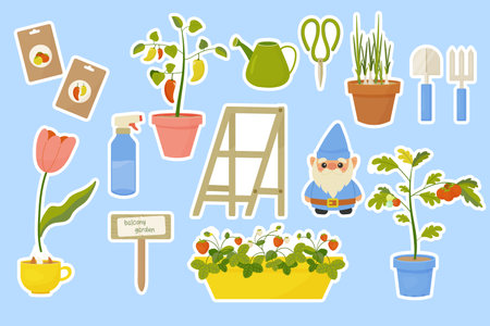 Stickers spring gardening, planting plants, on blue background with stroke. vectorのイラスト素材