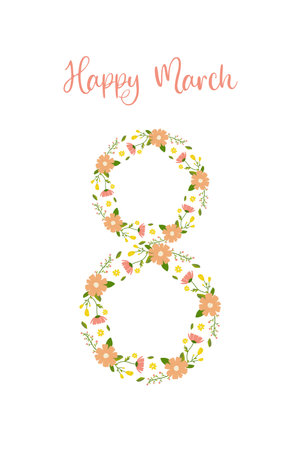 March 8, floral number and caption for your card, congratulations. vector on white background