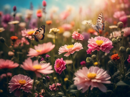 Meadow of flowers with butterflies, spring summer flower field, grass, nature photoの素材