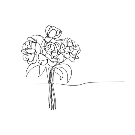 line art, bouquet of flowers peonies spring and summer, drawing with one line. vector white backgroundのイラスト素材