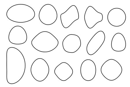 geometric objects, ovals, circles, blobs, black shapes, for design of postcards, posters, banners, linear frameのイラスト素材
