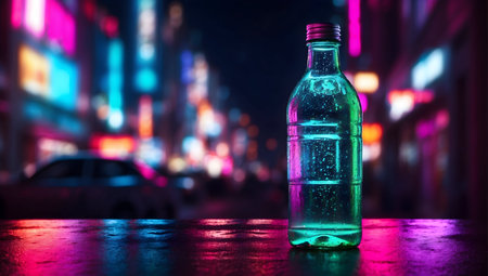 A bottle of water on the background of a neon city, photo lightの素材