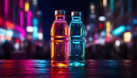 A bottle of water on the background of a neon city, photo lightの素材