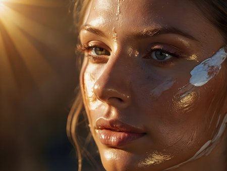 portrait of a girl wearing sunscreen, close up view. beautiful young skin. cosmetics advertisement photoの素材
